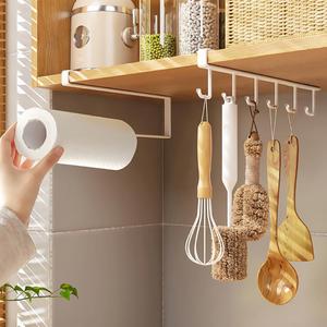 KEINEUX 2 Pieces Cabinet Organizers, Under Shelf Storage Paper Towel Holder Mug Hooks Kitchen Organization Accessories for Hanging Roll Paper Towels Coffee Cups Cooking Utensils, Metal (White)