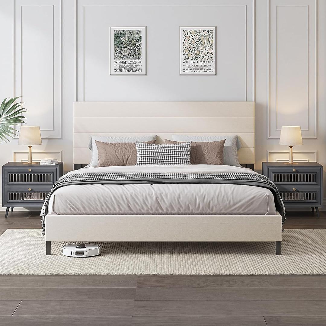 Queen Bed Frame, Modern Upholstered Bed Frame with Adjustable Linen Headboard, Wooden Slats Support Platform Queen Size Bed Frames, No Box Spring Needed,Easy Assembly,Beige