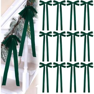 12 Pcs Green Velvet Christmas Bow 10 x 24inch Extra Large Christmas Bow with Extra Long Tail Neutral Holiday Decor Velvet Ribbon Bows for Xmas Garland Fireplace Stairs Mirror Door