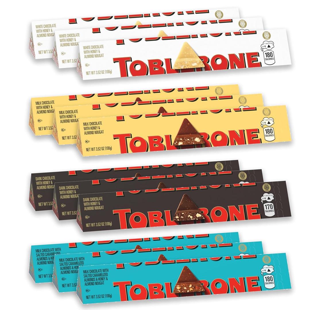 TOBLERONE Assorted Chocolate Bars Variety Pack (Milk, Dark, White, & Salted Caramelized Almonds), Bulk Chocolate, 12 - 3.52 oz Bars (EXP 03/21/26)