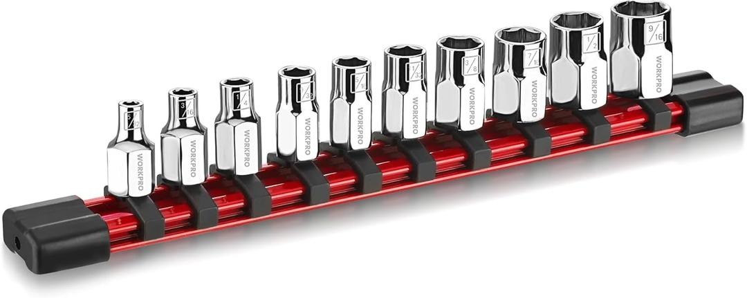 WORKPRO 1/4" Drive Socket Set, 10-Piece SAE CR-V Socket Set with Sturdy Socket Organizer, 6-Point Standard & Shallow Sockets 5/32" to 9/16", External Hex Socket Set with Socket Rail for Anti Rolling