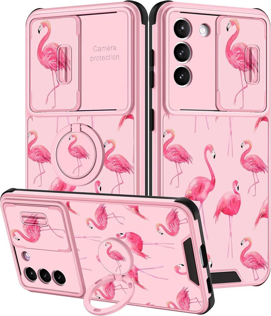 Goocrux Phone Cover Case for Samsung Galaxy S21 5G | 2in1, Flamingo, for Women Girls, Cute, Girly, Flamingos Birds Design, with Slide Camera Cover, Ring Holder, Aesthetic Cases, 6.2''