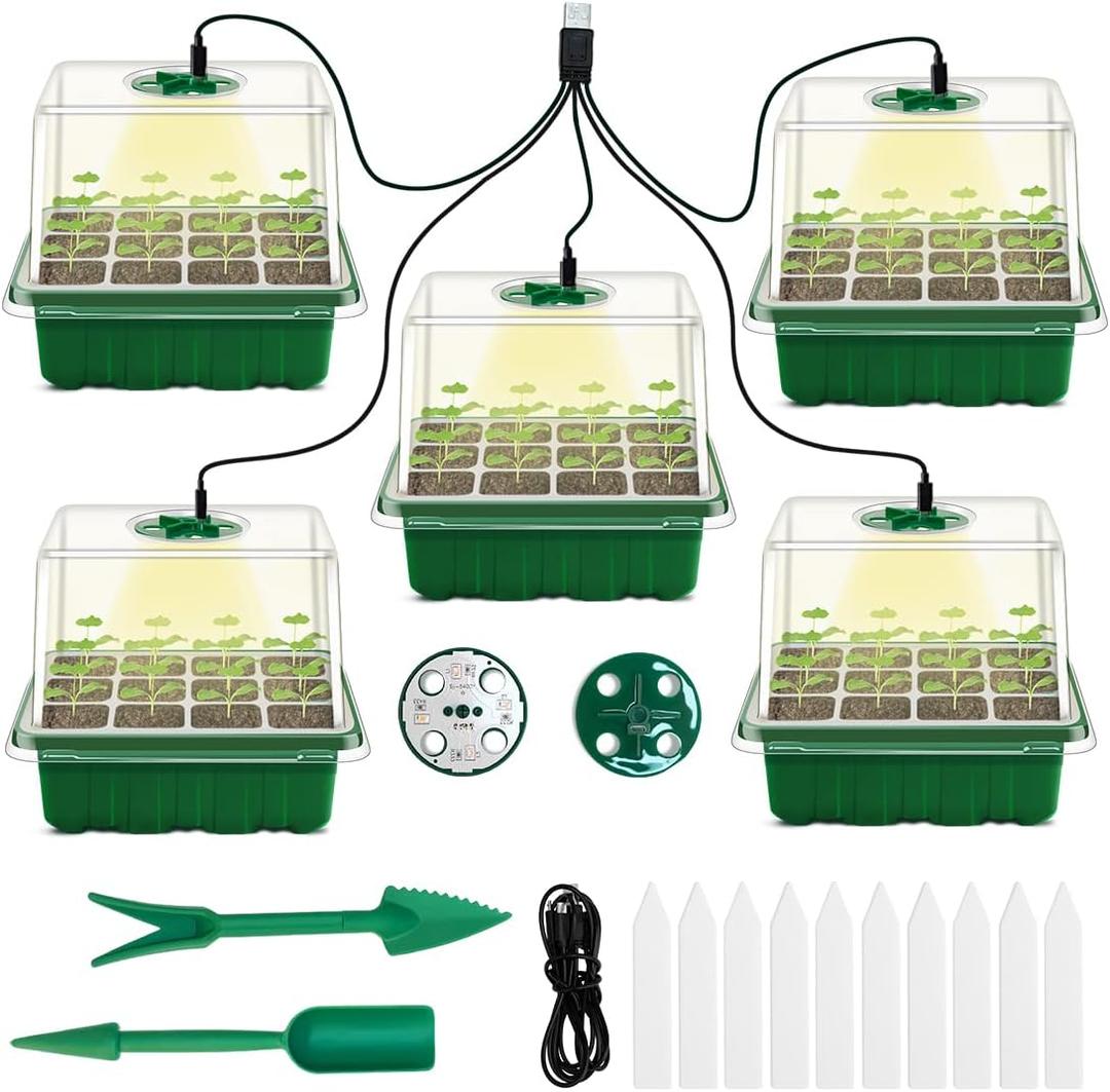 Seed Starter Tray with Grow Light, 5 Packs Plant Starter Tray Seedling Starter Kit with Humidity Domes Base Indoor Greenhouse Mini Propagator Station for Seeds Growing Starting (12 Cells per Tray) (5 Pcs With Grow Lights)