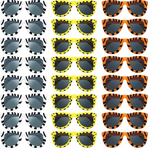 Flutesan Pack of 24 Animal Print Sunglasses Jungle Sunglasses Zoo Animal Glasses Safari Kids Party Favor Wild Girl Boy Eyewear, Tiger, Zebra, Cheetah Glass for Birthday Summer Beach Theme Party