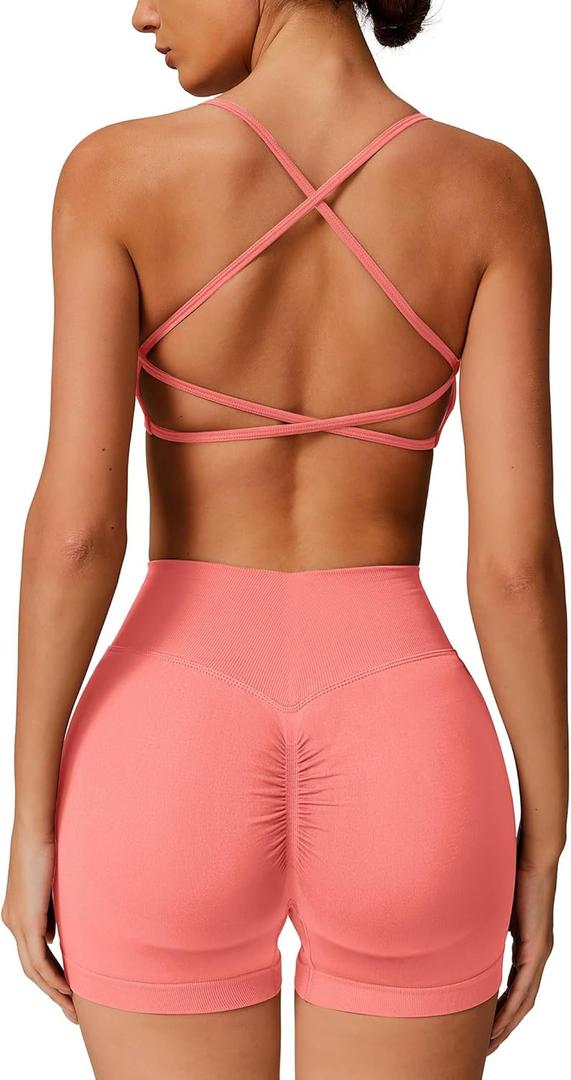 ABOCIW Womens Seamless Workout Sets Backless Sports Bra Scrunch Butt High Waist Gym Shorts 2 Piece Outfits (Small, Coral)