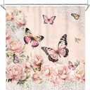 Pink Floral Butterfly Shower Curtain, Rustic Rose Gold Peony Flower Butterfly Shower Curtain for Bathroom, 60Wx72L Inch Vintage Pretty Woman Bathroom Set Bathtub Bath Accessories Home Decor