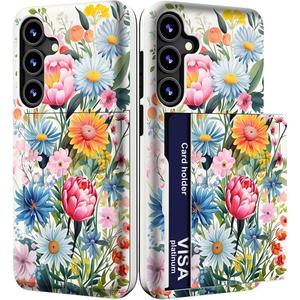 Compatible with Samsung Galaxy S23 Plus Case Cute with Card Holder/Shockproof Slim Slot S23+ Wallet Phone Cover/Blue Flowers Wild Rose Paisley Peony Floral Lovely