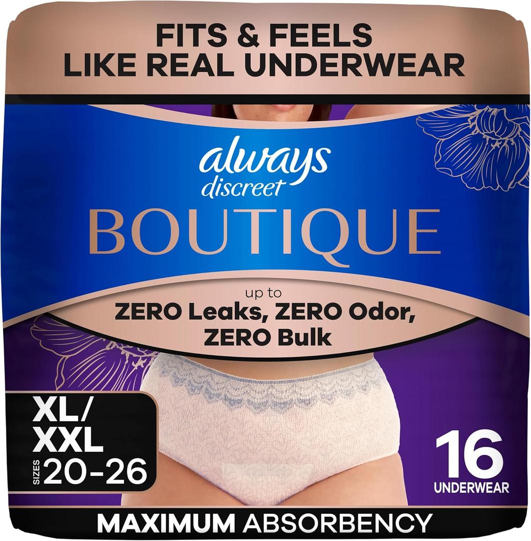 Always Discreet Boutique Black, Reimagined Adult Diapers for Women, Maximum Absorbency Incontinence and Postpartum Underwear Size XL/XXL, Fits and Feels Like Real Underwear, 16 Count (Rosy)