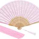 choyaxo Lace Handheld Chinese Folding Fan Bamboo Silk Folding Fan for Women Wedding Decoration Dancing Party,Pink