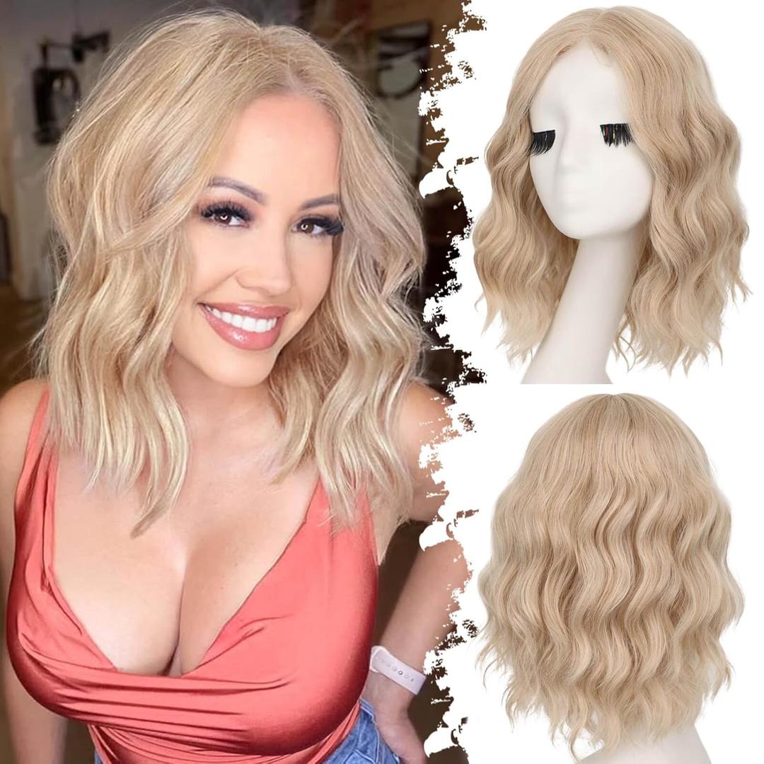 Eawwii Honey Blonde Mix Platinum Blonde Short Wavy Wig for Women Lace Hairline Bob Style Synthetic Heat Resistant - Natural Appearance for Everyday Hairstyle 14 Inch