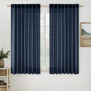 MIULEE Navy Blue Short Linen Curtains 45 Inch Length 2 Panels for Boys Bedroom Bathroom, Soft Thick Linen Textured Natural Kitchen Window Drapes Semi Sheer Light Filtering Back Tab Burlap Look Decor