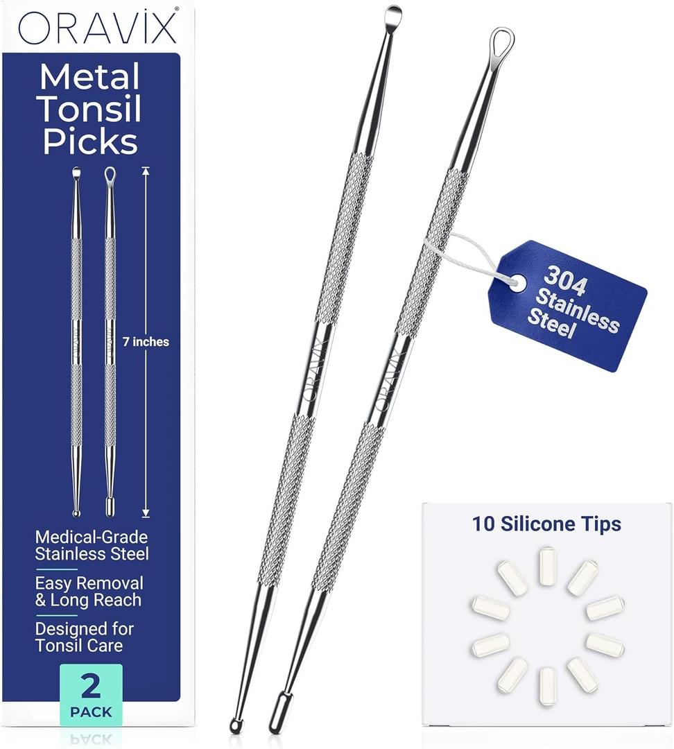 Oravix Tonsil Stone Remover Tool Pack of 2, Metal Tonsil Stone Removal Tool, 7 Surgical-Grade Stainless Steel Metal Pick with 10 Soft Silicone Tips, Fight Bad Breath, Safe & Easy