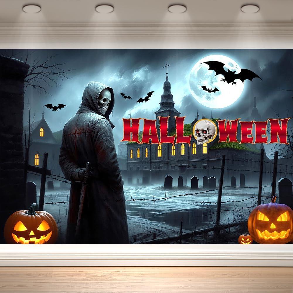 Halloween Backdrop Spooky Night Scene with Full Moon Grim Reaper Bats Tombstones and Forest Horror Style Photography Prop Suitable for Indoor Decoration Outdoor Gardens and Haunted House Theme Parties