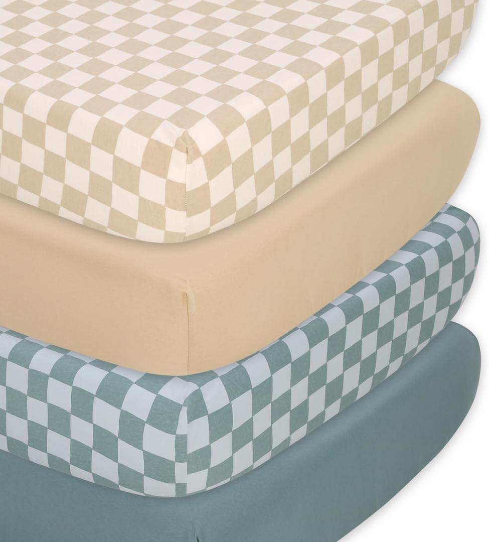 The Peanutshell 4-Pack Organic Fitted Crib Sheet Set - Soft & Breathable Baby Girl or Boy Crib Sheets, 100% Jersey Cotton Nursery Decor, Fit for Standard Mattress Cover- Check
