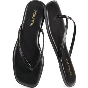 Flip Flops for Women Square Toe Flat Sandals for Women Comfortable Thong Sandals Vegan Leather Flip Flops Lightweight Summer Beach Sandals Dressy Vacation Essentials Slides (9.5, Black)