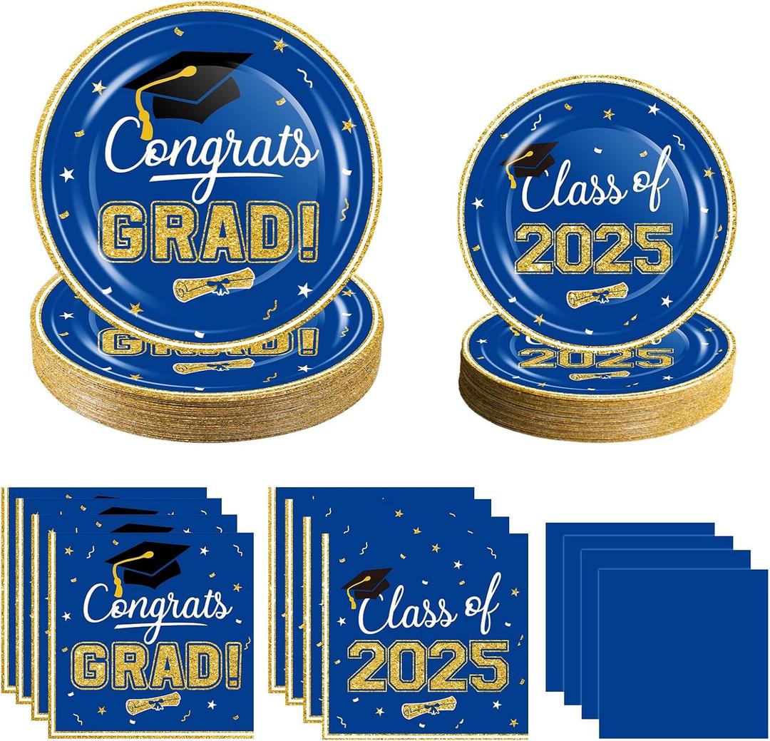 2025 Graduation Party Supplies Tableware Set - 200 Pcs Blue Gold Graduation Plates and Napkins Class of 2025 Disposable Dinnerware for College High School Congrats Grad Party Favors, Serve 50