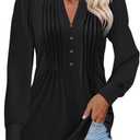 Women's Puff Long Sleeve Tops Pleated V Neck T Shirts Henley Button Tunic Blouses (Large, Black)