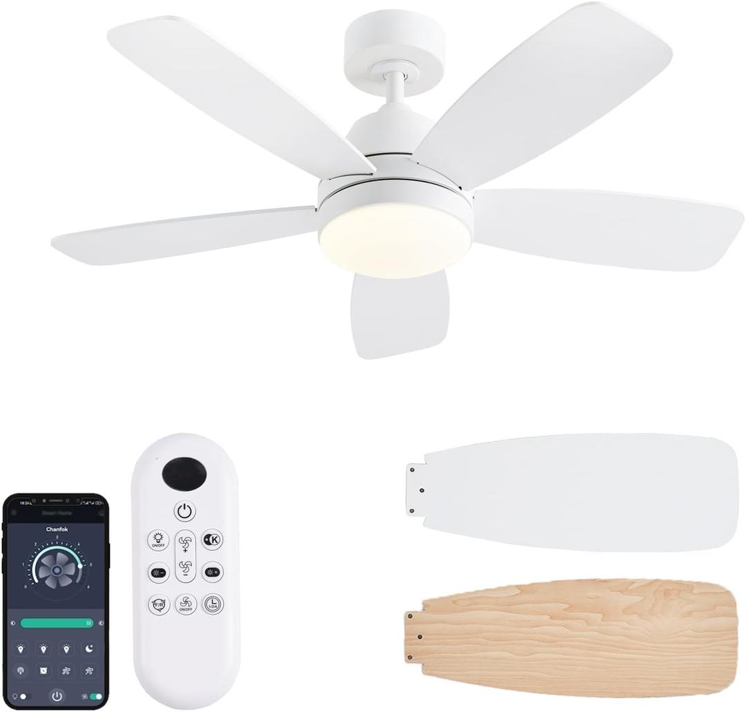 Ceiling Fans with Lights, 42 Inch Low Profile Ceiling Fan with Lights and Remote Control, LED Dimmable DC Reversible, 8 Speed, Noiseless, Modern White Ceiling Fan for Bedroom, Indoor/Outdoor Use