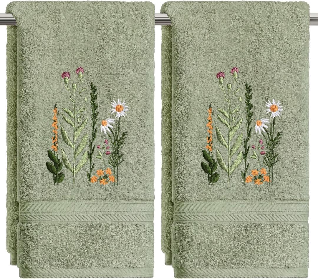 Artoid Mode 2 Pcs Sage Green Wildflower Floral Embroidered Hand Towels for Bathroom, Cotton Soft Absorbent Farmhouse Decor Towels, 13.7 x 29.5 Inch