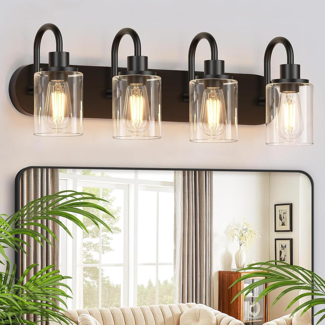 4-Light Vanity Lights for Bathroom, Modern Black Bathroom Light Fixtures Over Mirror, 23.6 inch Bathroom Wall Sconces for Hallway, Bedroom, Living Room with Clear Glass Shade