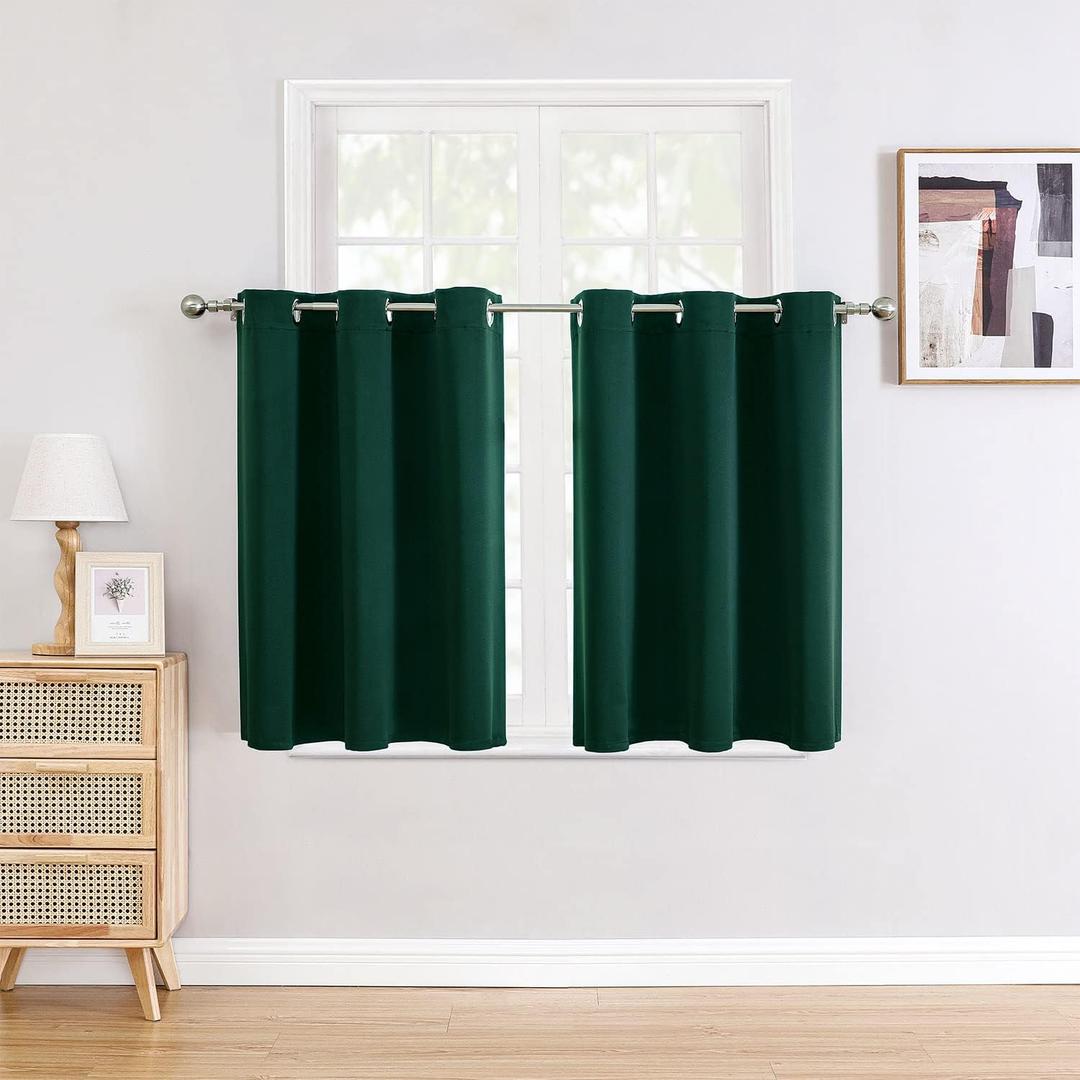 ChrisDowa Small Window Curtains for Kitchen and Bedroom - Grommet Short Thermal Insulated Room Darkening Curtains (2 Panels, Forest Green, 34 x 36 Inch)