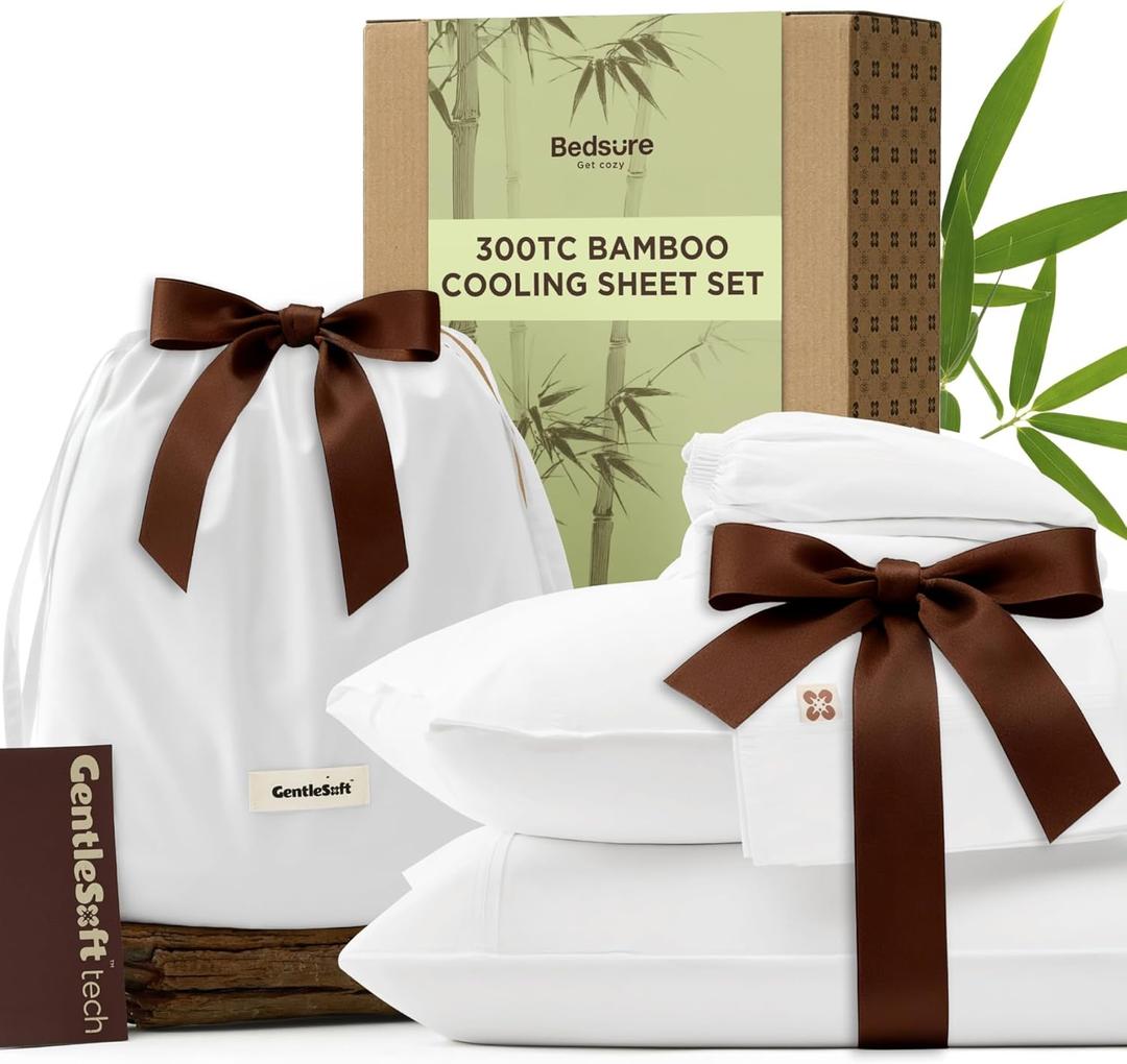 Bedsure Bamboo Viscose Cooling Sheets, Rayon Cotton Blend, PureWoven, Breathable & Buttery Soft King Size Sheets Set, Deep Pocket Up to 18", Hotel Luxury Bedding for Hot Sleepers, White