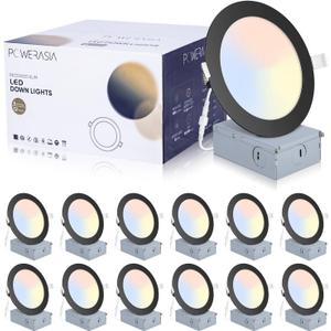 12 Pack Recessed Lighting 6 Inch with Junction Box, 5CCT 6 Inch Black LED Recessed Lights Dimmable 2700K/3000K/4000K/5000K/6000K, 15W1200lm Ultra Thin Recessed Lighting - ETL and Energy Star Certified