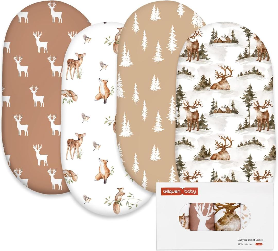 Gllquen Baby Bassinet Sheets 4 Pack, Breathable Cozy Fitted Mattress Sheet, Elastic Travel Crib Fashionable Floral Pattern, Standard Cradle Safe Sheets for Baby Boy Girls 32"X16" (Christmas elk) (Christmas Elk)