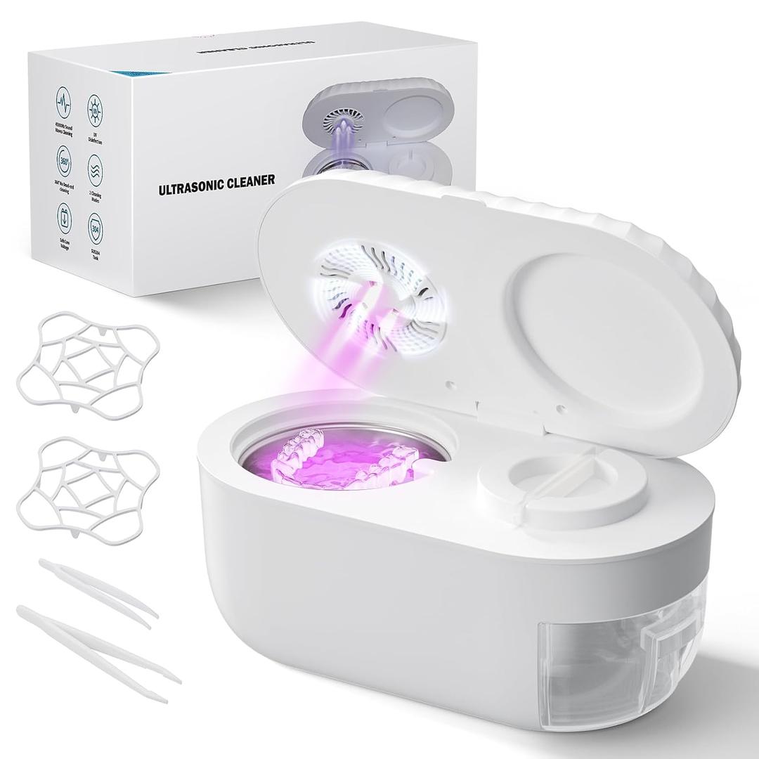Ultrasonic Retainer Cleaner with Cleaning, Pumping, and Air-Drying Functions, 45kHz Retainer Cleaner Machine, 200ml Denture Cleaner for Dentures, Mouth Guards, Braces, Toothbrush Heads, Jewelry(White)