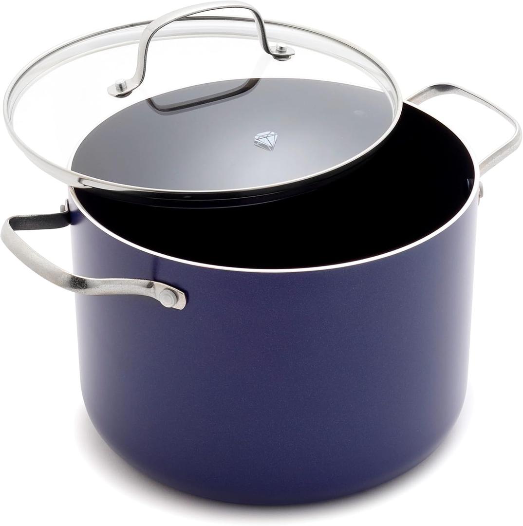 Blue Diamond 8QT Nonstick Stockpot with Glass Lid, PFAS-Free Ceramic, Multipurpose Cooking, Sauces & Soups, Pasta, Boiling & Canning Pot, Dishwasher & Oven Safe, Stainless Steel Handles, Navy