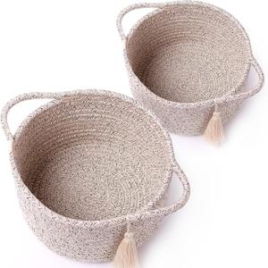 Small Gift Basket Empty Set of 2 - Little Cute Woven Rope Organizer Bins for Baby Shower Gifting, Makeup, Bathroom, Desk, Decorative Vanity - Pre-Shaped, Brown