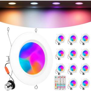 Recessed Lighting 6 Inch, RGBCW Color Changing E26 Can Lights with Remote Control, Flicker Free, 13W 1300LM, Dimmable Retrofit Downlight, ETL, 12 Pack