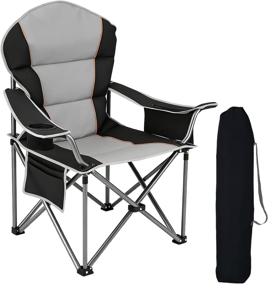 NEWBULIG Oversized Folding Camp Chair for Adults, 500 LBS Heavy Duty Support, Portable Outdoor Collapsible Chairs, with Cup Holders, Side Cooler & Pockets, for Lawn, Beach, Fishing, Hiking, Black (38.8''  24.2''  43.1'', Black(1 Pcs))