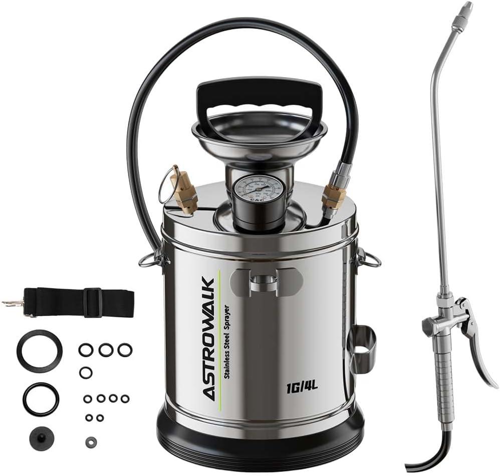 1 Gallon Pump Sprayer, Heavy Duty Stainless Steel Garden Sprayer with 14" All-Steel Wand & 4FT Reinforced Hose for Lawn Care, Weed Control & Pest Control, Includes Viton & EPDM Seals, Gloves