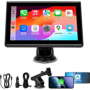 7" Portable Wireless CarPlay Screen for Car  Apple CarPlay & Android Auto, HD Touch Screen Car Stereo, Bluetooth, GPS Navigation, Voice Control, Plug-and-Play with FM/AUX/Mirror Link (Black)