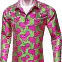 Barry.Wang Pink Mens Silk Shirt Floral Paisley Shirts for Men Victorian Gothic Designer Disco Western Casual Mexico Cowboy (S)