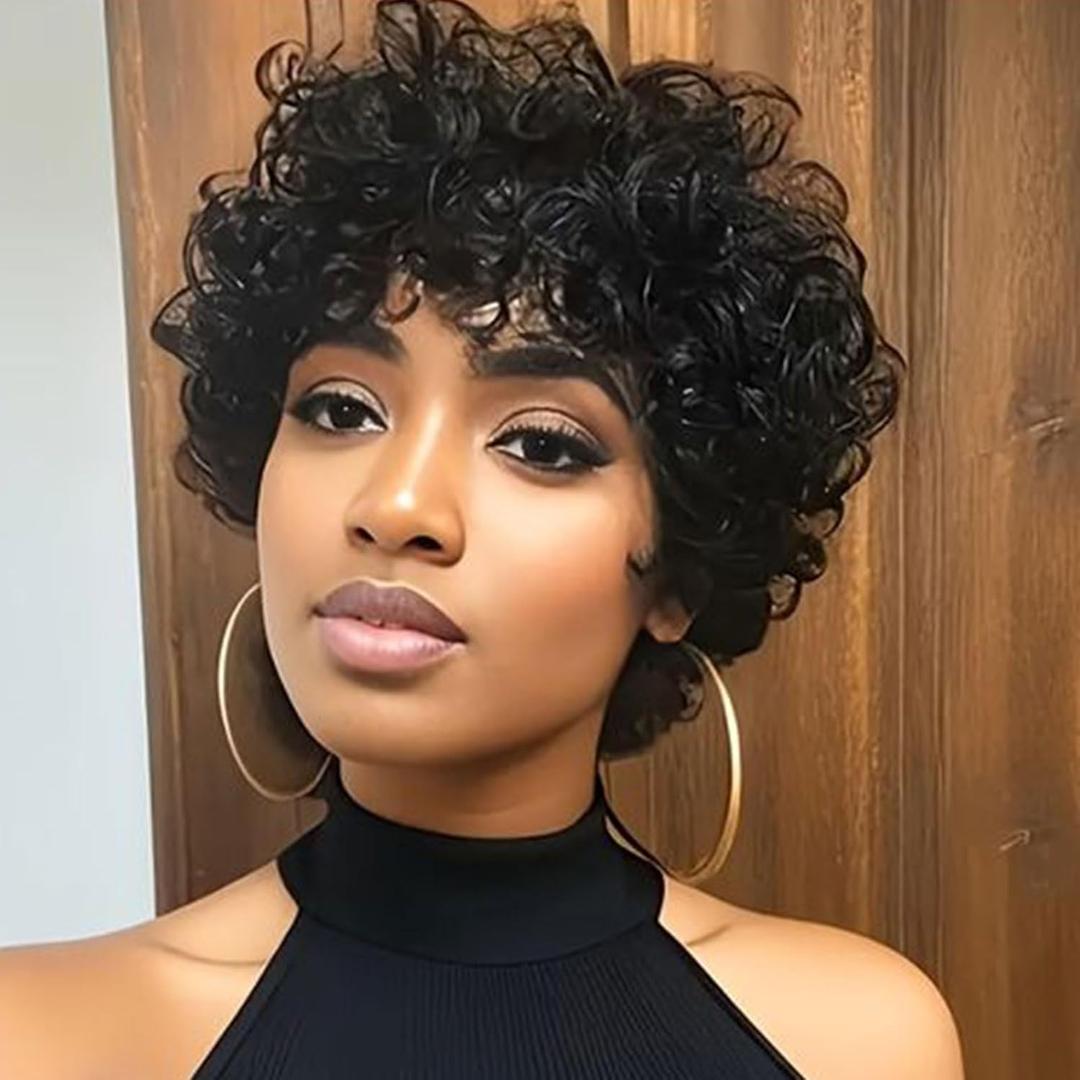 MOONSHOW Short Curly Wigs for Black Women Pixie Cut Wig Curly Bob Wigs for Black Women Short Wig with Bangs Synthetic Afro Wigs Black Curly Wigs for African American Women (Natural Black)