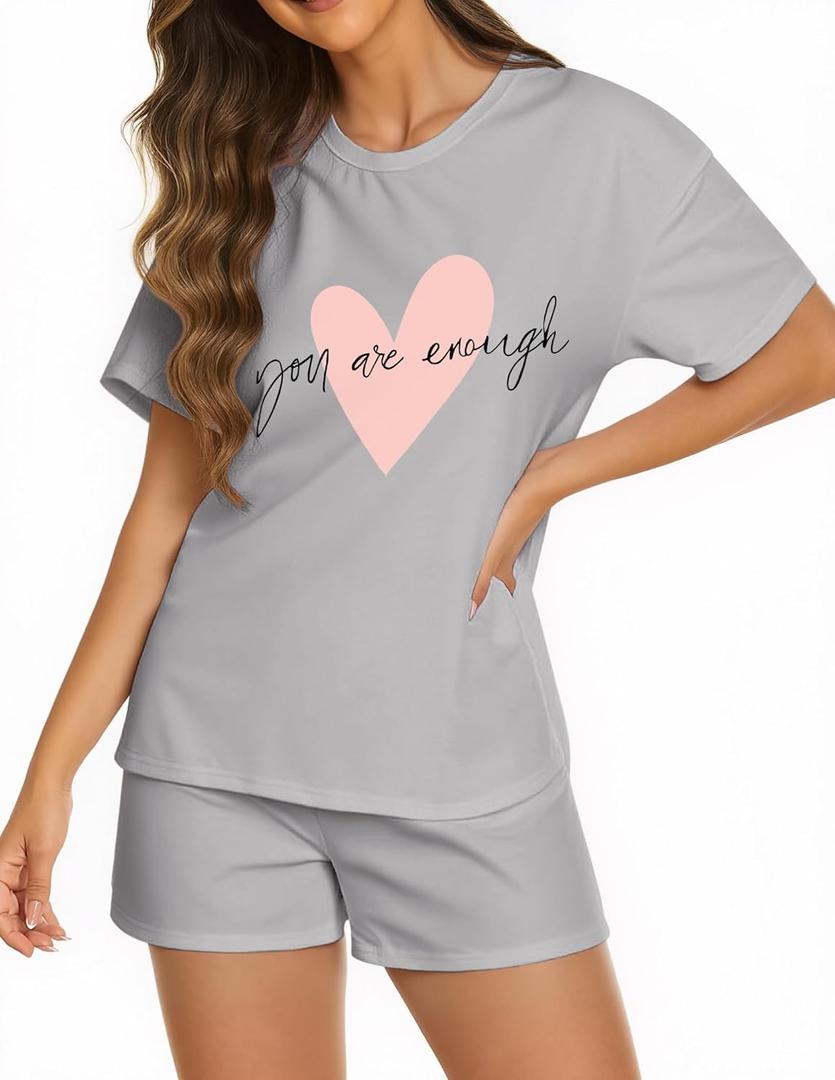 KFUBUO Women 2 Piece Pajamas Set Cute Summer Pj Short Sleeve and Shorts Matching Sleepwear (Small, Grey Heart)