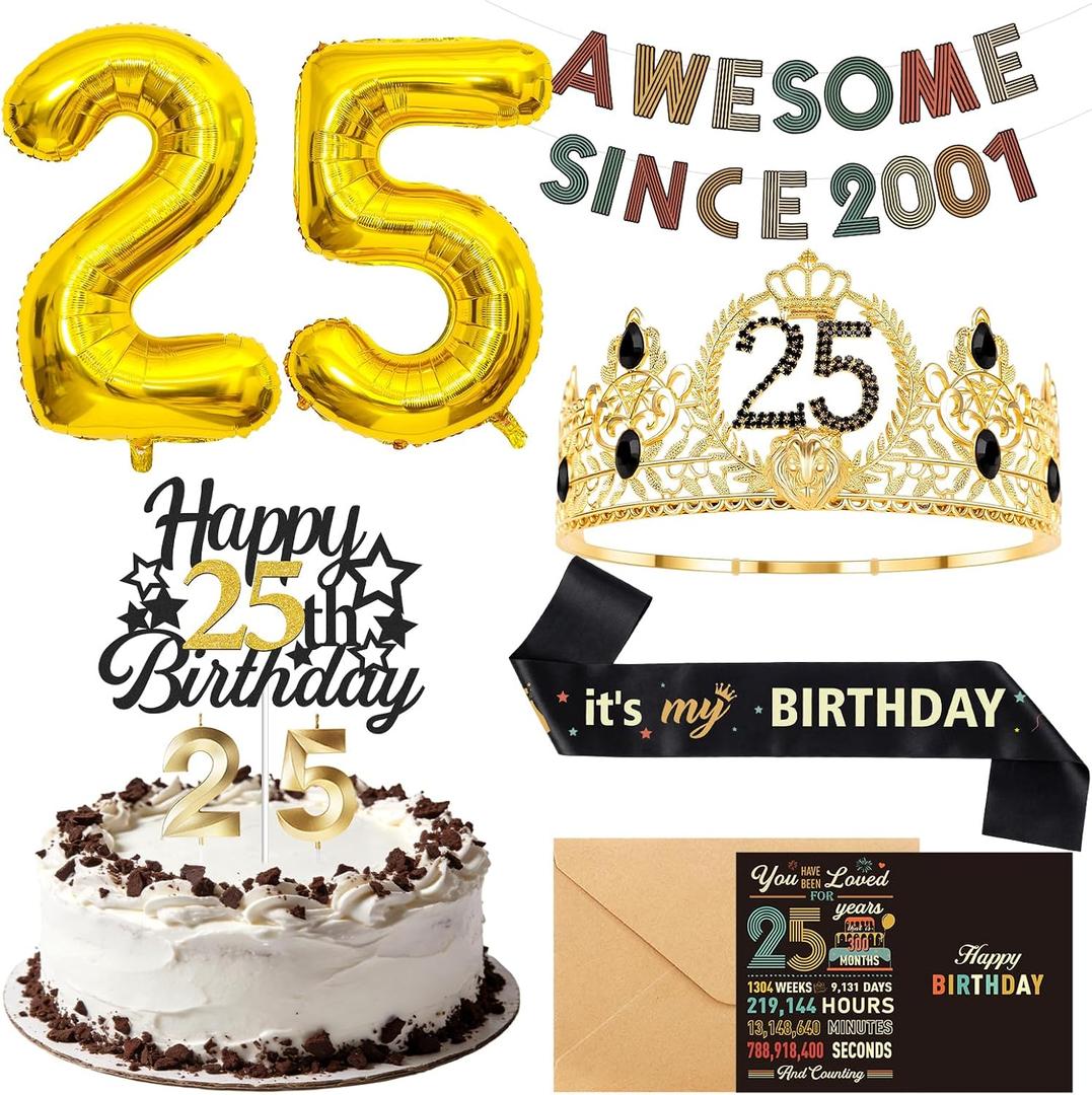 25th Birthday Decorations for Men - Vintage 2001 Birthday Supplies with Banner, Crown, Sash, Cake Topper, Gold 25 Number Balloons, Card with Envelope, 25 Year Old Party Decor Set for Him