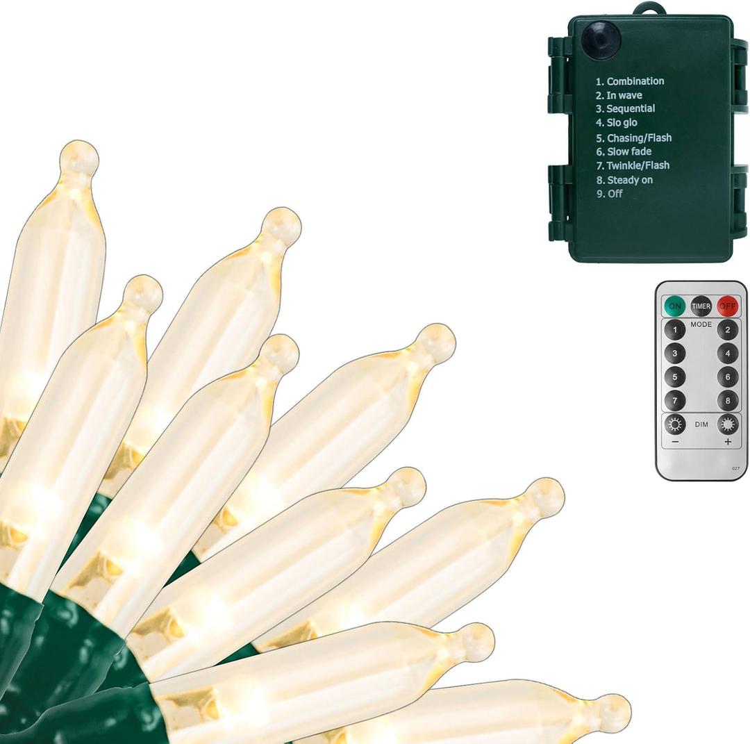 Battery Operated Christmas Lights, 33Ft 100 LED Warm White String Lights with Auto Timer & 8 Modes, Shatterproof Waterproof for Outdoor Indoor Wedding Party Home, Green Wire