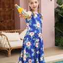 Ahegao Girl's Floral Sleeveless Dresses Kids One Piece Sundress for Casual School 4-13 Years Old (9-10 Years, Blue Pink Green)