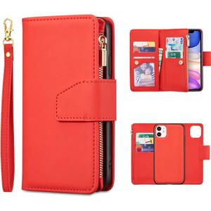 EYZUTAK Case for iPhone 11 6.1 inch, Glossy PU Leather 9 Card Slots Magnetic Closure Detachable Wrist Strap Zipper Wallet Shockproof Removable Back Cover Case - Red