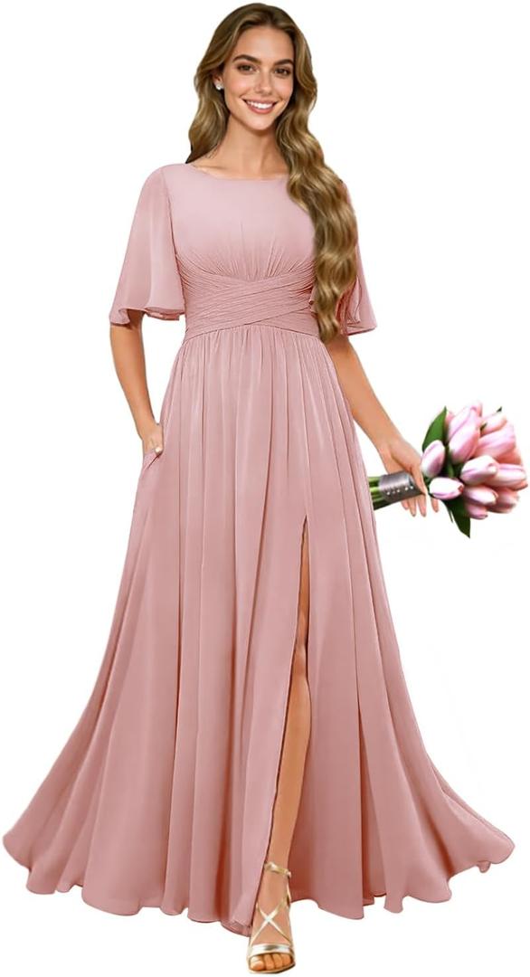 Long Bridesmaid Dresses with Sleeves A Line Chiffon Ruched Modest Formal Evening Dress Size 14