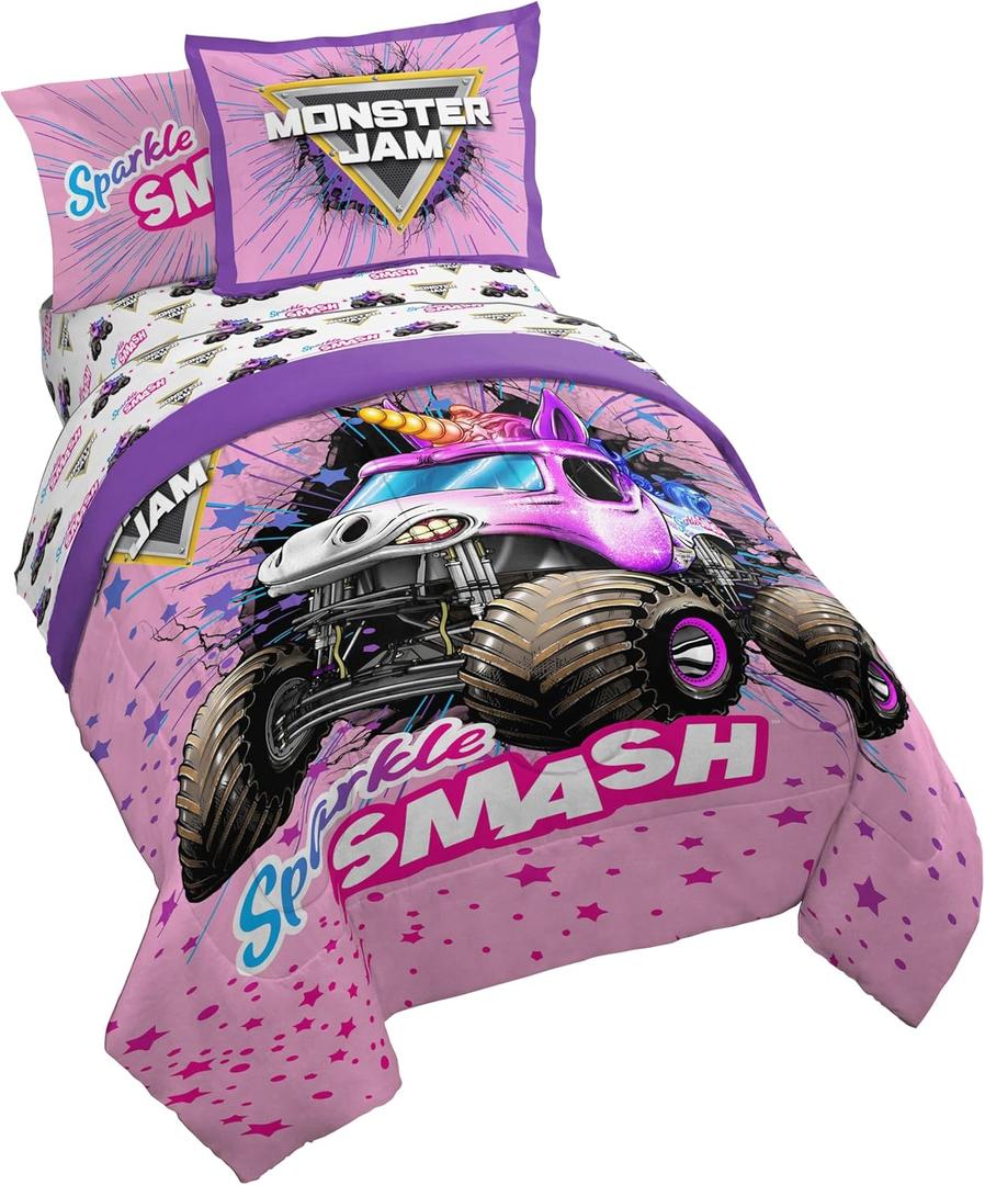 Jay Franco Kids Comforter Set Includes Sheets and Pillow Covers - Soft and Cozy Bed Set for Stylish Room Decor, Pink - Monster Jam, 7 Piece Full Bedding