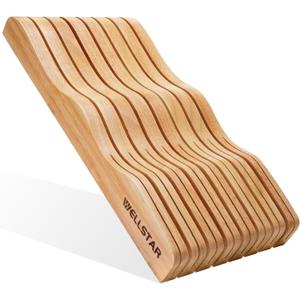 WELLSTAR Wood In-Drawer Knife Storage Block Holder - Organizer for 15 Knives, Kitchen Drawer Insert with Secure Blade-Down Storage, Durable Tray for Long & Short Knives (Knives Not Included)