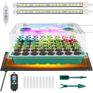 Seed Starter Tray with Grow Light and Thermostat Controller Heat Mat, 10"x 20.75" Heat Mats for Plant Growing68-113F Adjustable Color Change Grow Lights Germination Trays Kits, Green