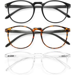 IBOANN Chic & Comfy Blue Light Glasses for Women - 3-Pack Round Frames, Screen-Ready Style with UV Protection Coating (B119 Light Black & Leopard Yellow Mix& Tranparent)