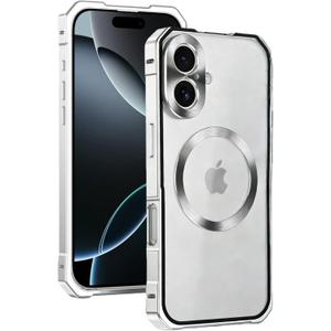 for iPhone 17 Magnetic Aluminum Alloy Case,6.1" Frosted Translucent Cover,Sliding Magnetic Back Cover Protective Case,Rugged Shockproof Protective Cell Cover,Metal Silver