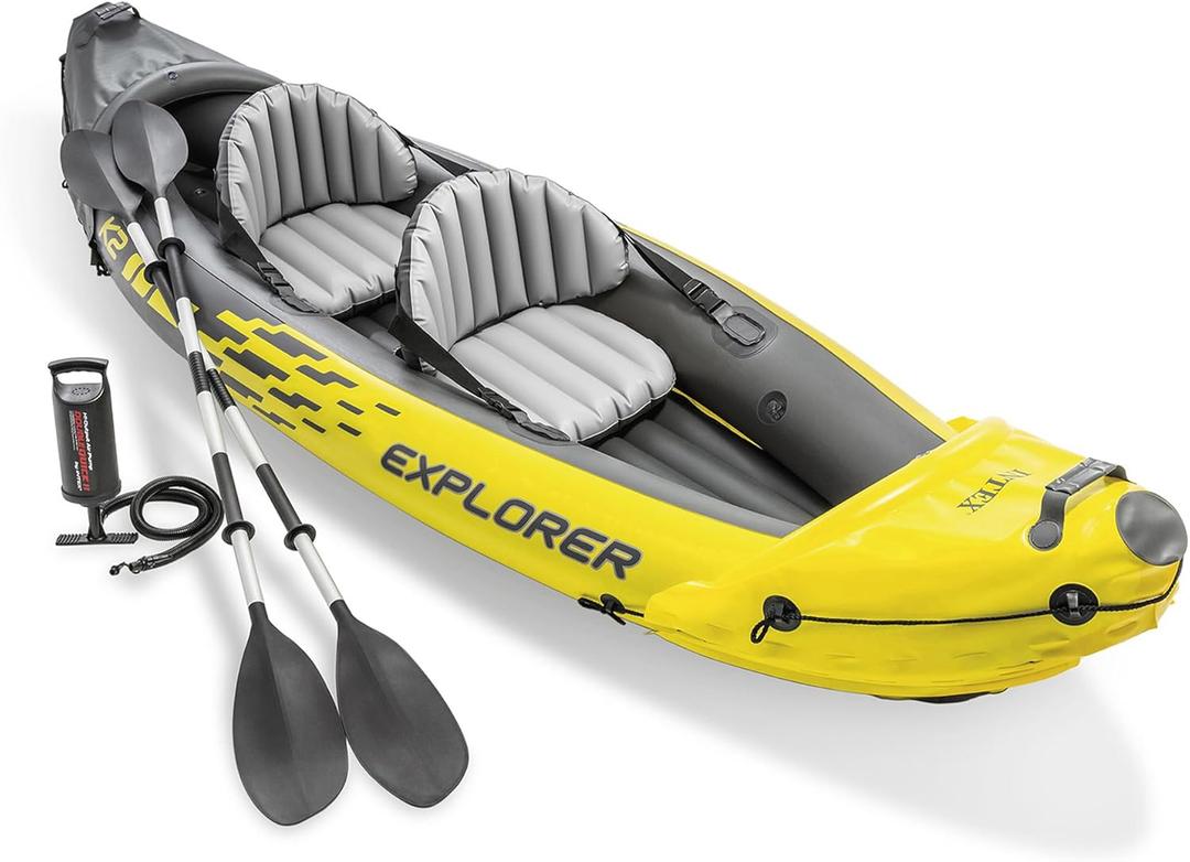 INTEX Explorer Inflatable Kayak 2-Person Portable Set with Paddles and Pump | 68307EP - Sit-on Tandem Kayak with Removable Seats and Skeg for Lakes & Rivers, 10ft 3 in x 3ft