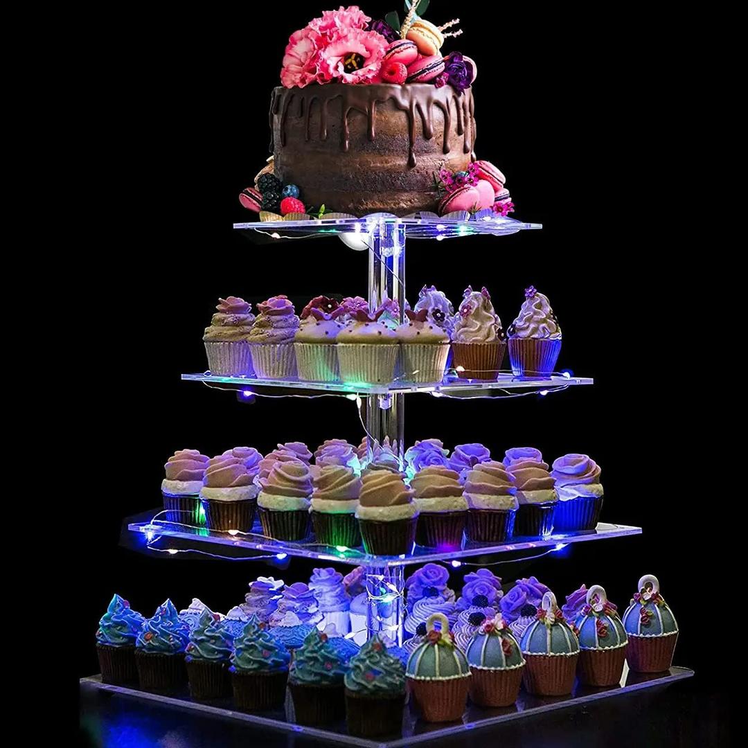 BLBYHO 4 Tier Acrylic Cupcake Tower Stand, Clear Square Dessert Treat Display, Cake and Cupcake Stand Set, Candy Bar Party Dcor, Bases Para Cupcakes for Birthday Wedding Party